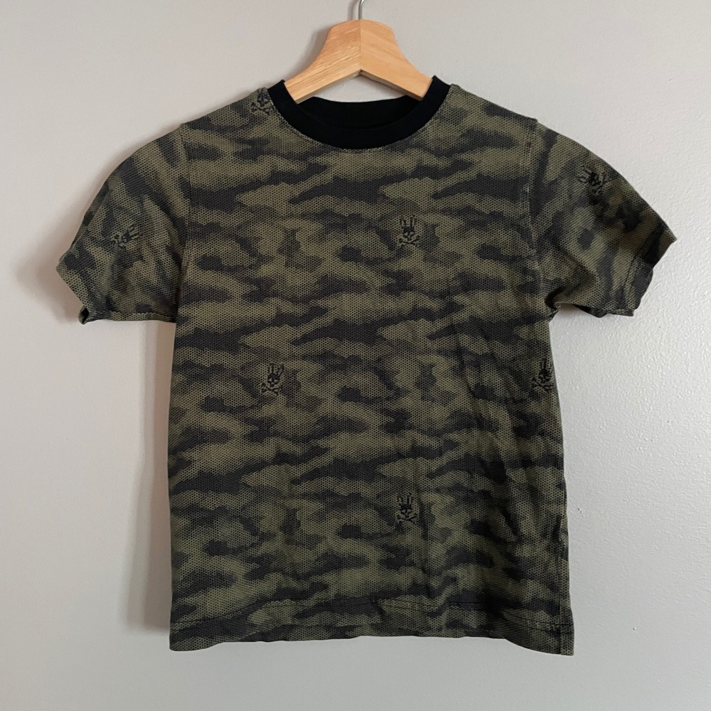 Psycho Bunny T-Shirt Kids S 7/8 Green Camo Logo Graphic Tee Streetwear